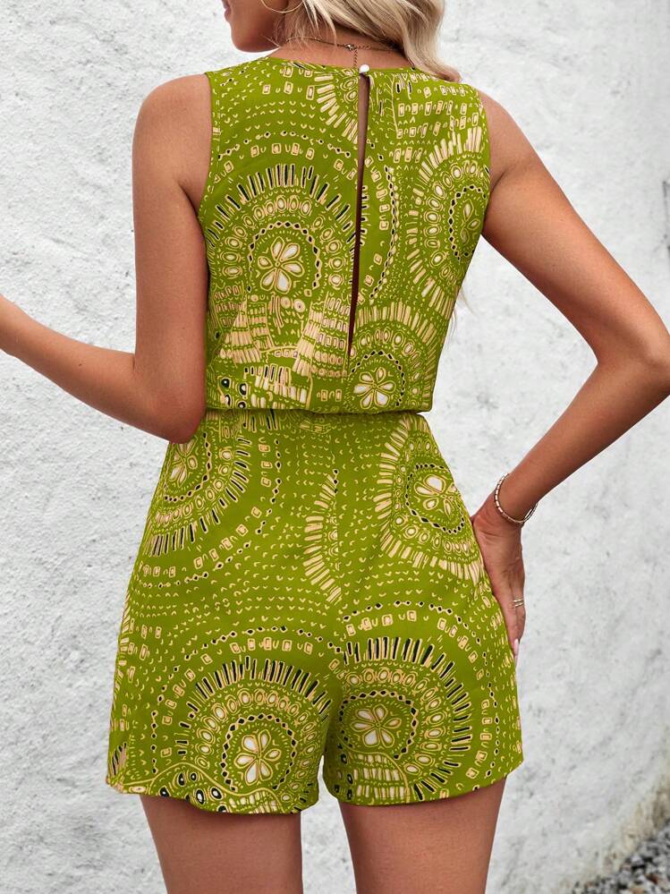 Breezaya Mono casual sin mangas con estampado floral y cintura con cordón para mujeres - Verde - Añade 2
