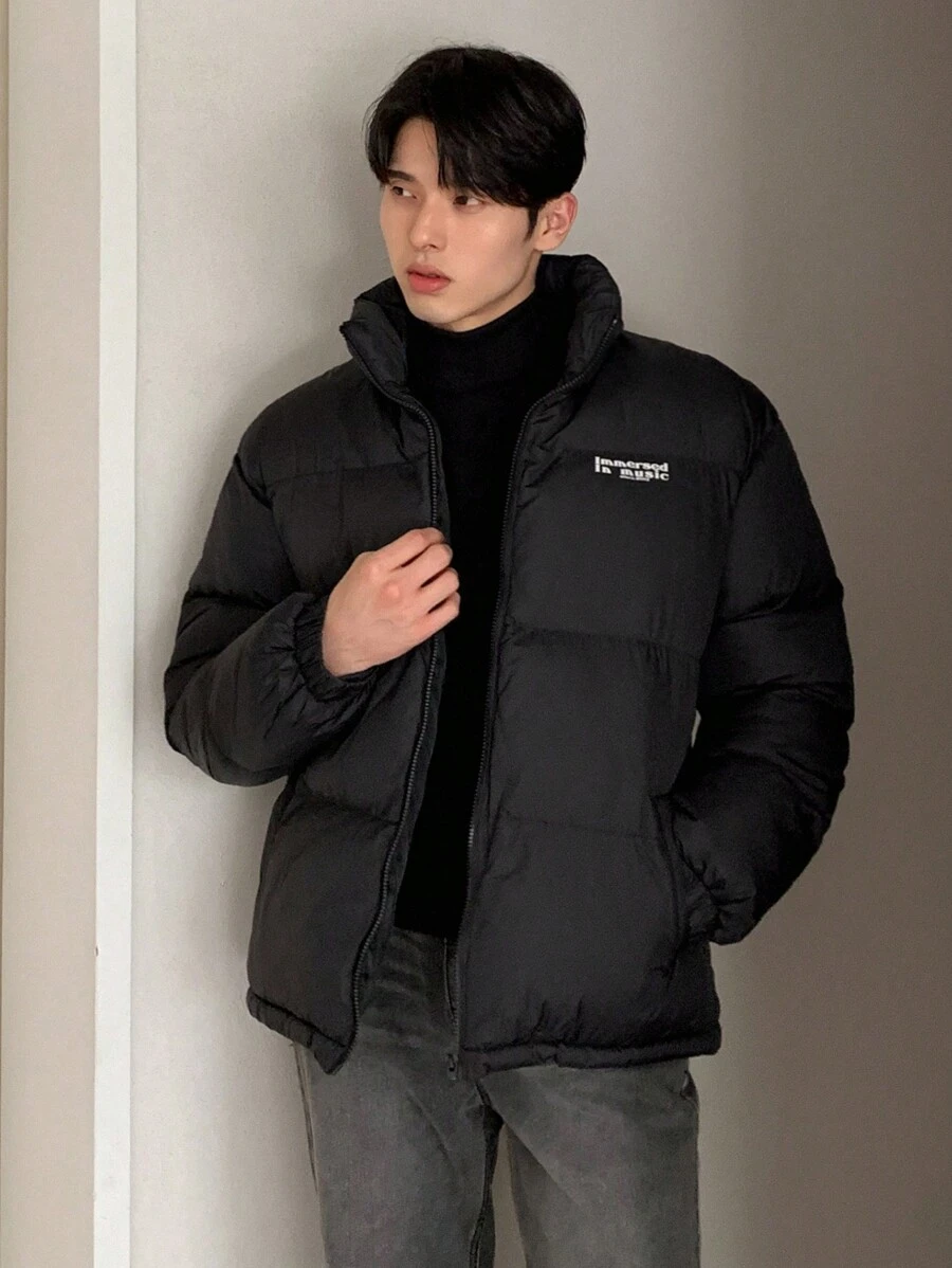 DAZY Winter Men's Letter Print Padded Coat Jacket - Black - View 1