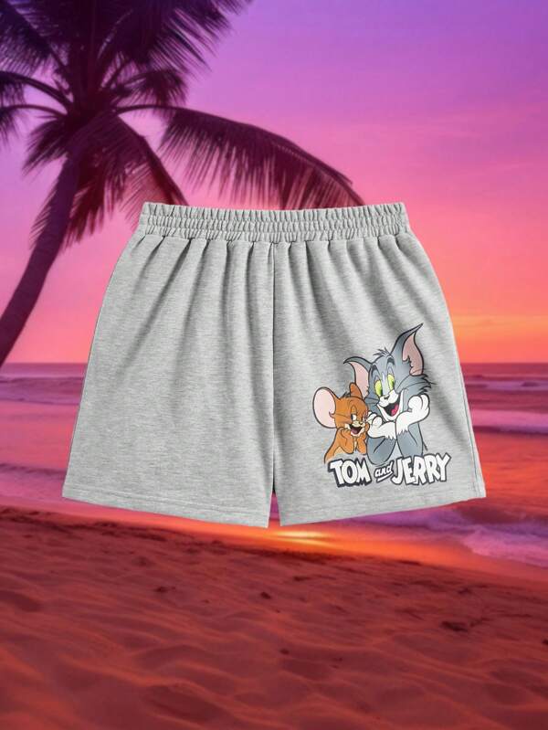 TOM & JERRY X SHEIN Women's Cartoon And Letter Printed Elastic Waist Casual Shorts For Summer