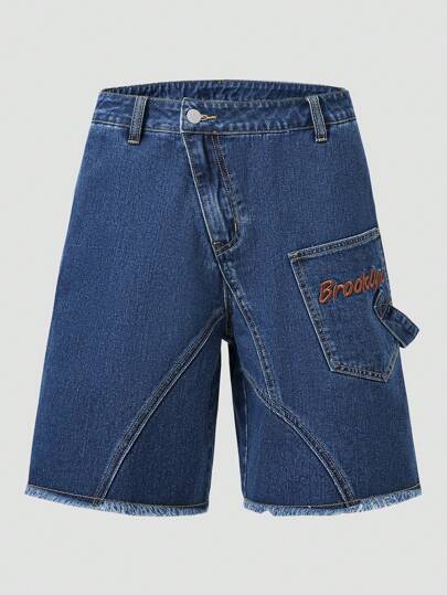 Prep شورت جينز كاجوال مطرز بشعار ،مقلم الذيل للرجال، مدرسي