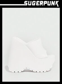 Sugerpunk 女士单带凉鞋，时尚白色坡跟凉鞋，适合夏季 Y2k 朋克潮流酷炫街头运动万圣节圣诞节秋季 - 白色 - 查看 1