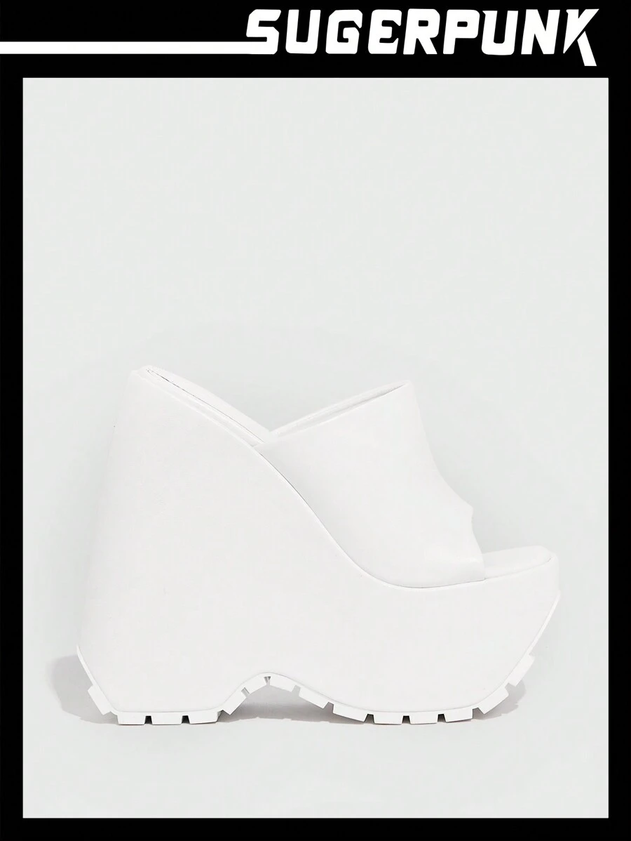 Sugerpunk 女士单带凉鞋，时尚白色坡跟凉鞋，适合夏季 Y2k 朋克潮流酷炫街头运动万圣节圣诞节秋季 - 白色 - 查看 1