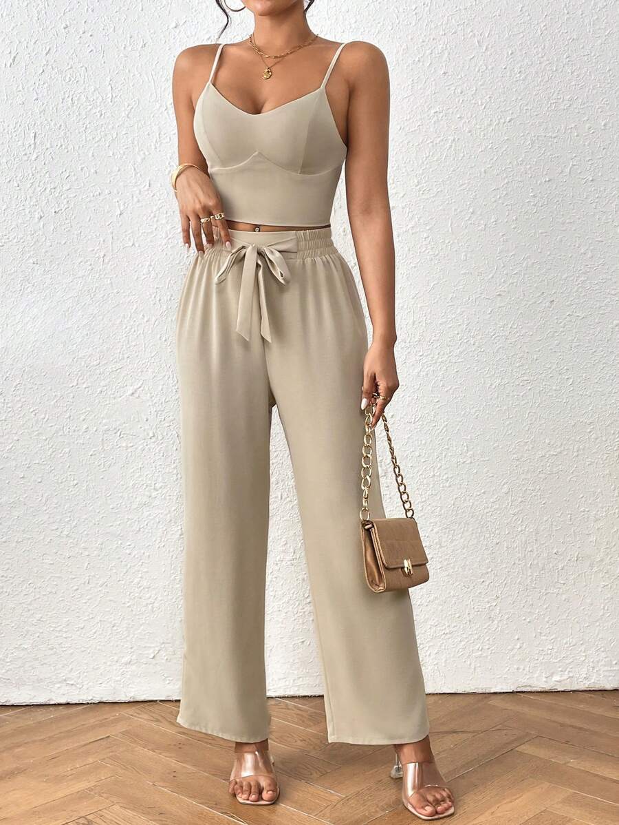 SHEIN PETITE 2 Cái/bộ Áo Ống Màu Mai & Quần Ống Suông Cao Cấp Co-Ord - Màu be - Xem 1