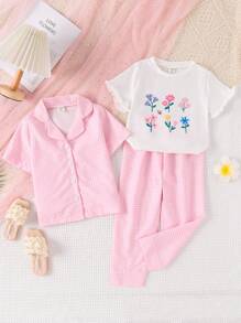3-teiliges Mädchen Sommer Outfit Set: Kurzarm T-Shirt mit Blumen- und Karomuster, Hemd und 3/4 Hose