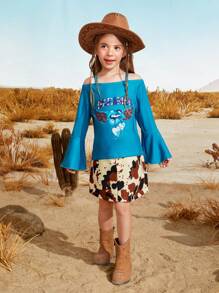 SHEIN 2pcs/Set Toddler Girls' Off Shoulder Floral Print Long Sleeve Top And High Waist Camo Skirt Set, Spring Autumn