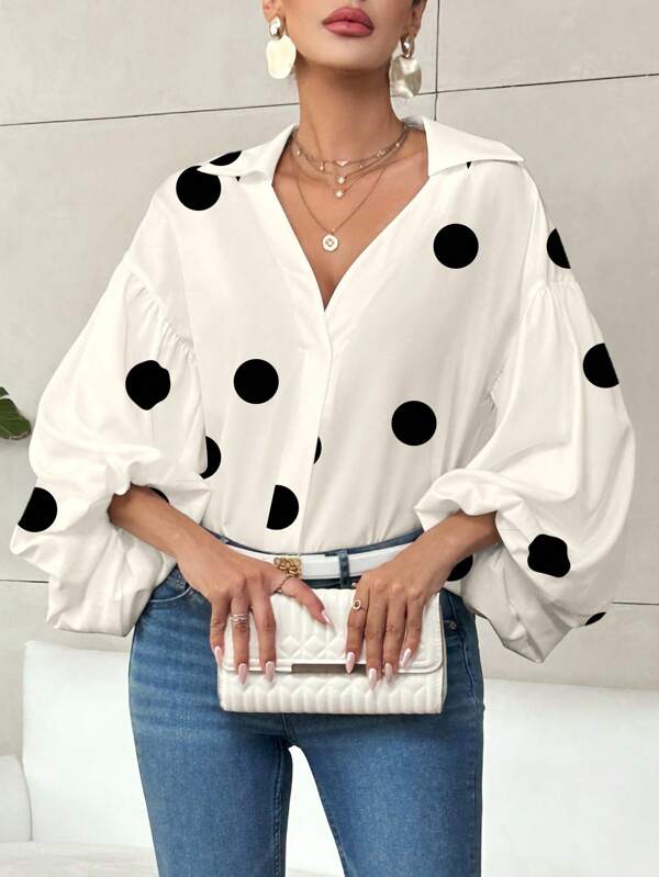 Firerie Women's Elegant Resort & Office Stylish Lantern Sleeve Button V-Neck Polka Dot Print White Shirt Old Money Quiet Luxury Fall Clothes Work Women Blouses Fall Blouses