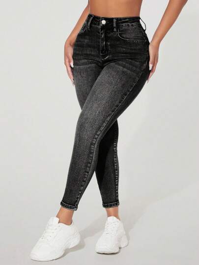 SHEIN PETITE Jeans entallados de cintura alta con botones decorativos, distressed, con forro térmico, jeans entallados con bolsillos, denim grueso para otoño e invierno