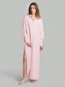 Ontre 女士纯色落肩长袖休闲长衬衫裙，春夏 - 淺粉色 - 查看 4