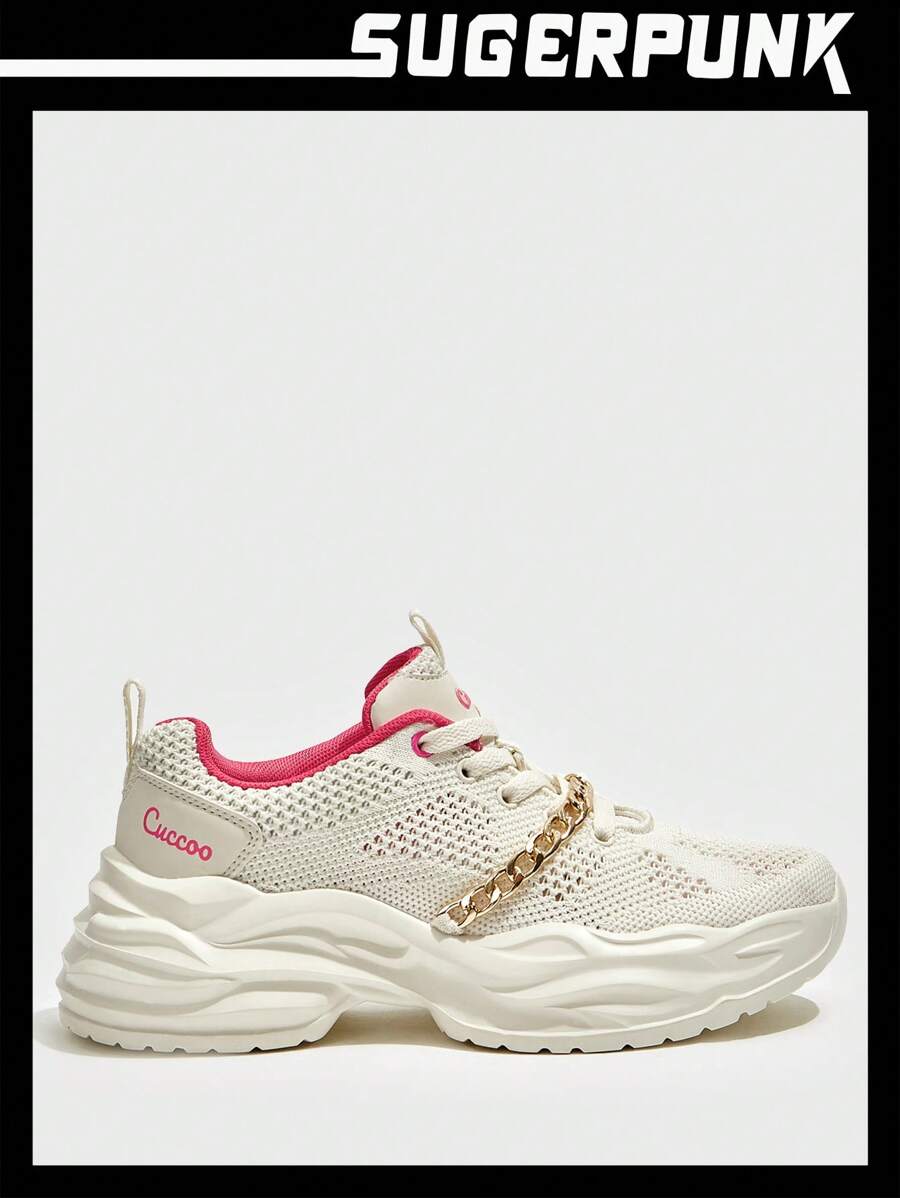Sugerpunk Metallic Chain Decor Lace-up Front Chunky Sneakers - Beige - View 1