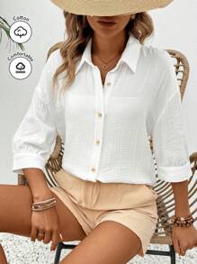 SHEIN Frenchy 大码落肩衬衫女式长袖条纹衬衫，可爱夏季上衣，夏秋季女装，白色衬衫，清新休闲衬衫，纽扣开合，包边衬衫，轻盈透气，采用舒适材料制成，适合度假外出，日常休闲 - 白色 - 查看 1