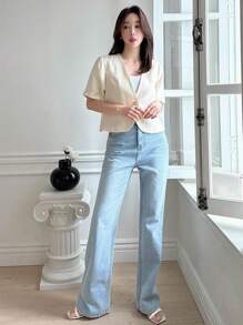 DAZY Solid Color V-Neck Short Sleeve Fitted Blouse For Women