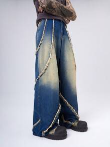 Manfinity Denimwave Men's Dark Vintage Washed Asymmetrical Hem Patch Embellished Wide Leg Baggy Jeans