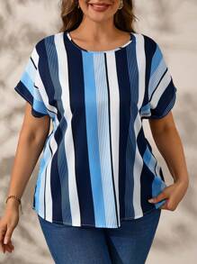 SHEIN Clasi 大码女式夏季条纹圆领蝙蝠袖休闲宽松衬衫 - 藏蓝色 - 查看 4
