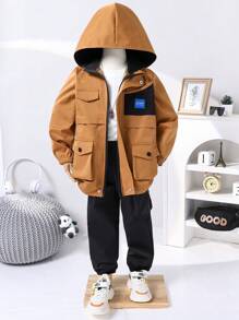 SHEIN 2 Stücke/Set YongBoy modischer, lässiger Hoodie Jacke mit Taschen in Halbarm Länge & einfarbige Jogginghose, geeignet für alltäglichen Sport, Outdoor, Schule, Straßenmode