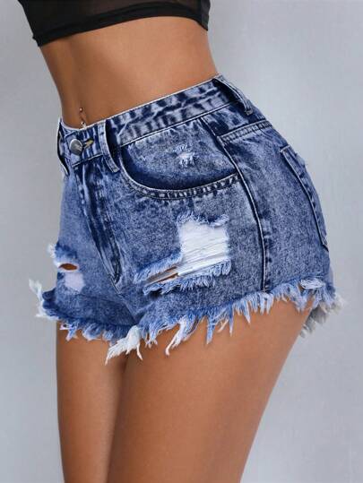 SHEIN PETITE 夏季做旧原边牛仔短裤