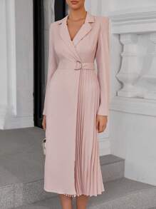 SHEIN Privé Vintage French Style Lapel Patchwork Pleated Hem Midi Dress, Spring & Fall - Pink - View 5