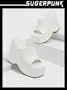 Sugerpunk Women Shoes Squar Toe Thick Sole Minimalist Wedge Slide Outdoor White Sandals For Summer Back To School Shoes College Student Shoes Y2k Punk Cool Street Sporty Christmas Fall New Year Holiday Valentines