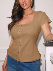 Auralis Plus Size Cổ tròn trơn đơn ngực ngắn tay áo thun đơn giản thông thường - Lạc đà - Xem 9