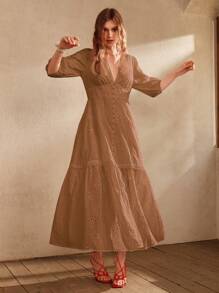 Anewsta Gaun Maxi Wanita Elegan Panjang Hingga Lantai dengan Leher V dan Hem Berumbai - Coffee Brown - View 3