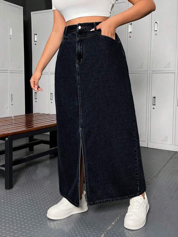 SHEIN EZwear Plus Size Women's Pocketed Split Hem Long Casual Denim Maxi Skirt