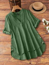 SHEIN Unity Blusa informal con cuello en pico y mangas enrolladas para vacaciones, talla grande, para el Día de Acción de Gracias