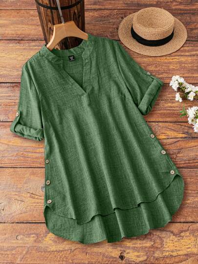 SHEIN Unity 大码度假休闲缺口领卷袖衬衫，适合感恩节