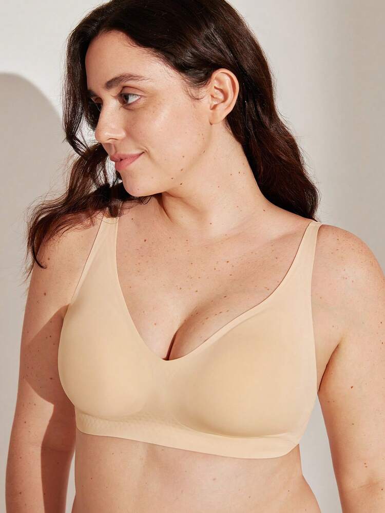Dream Curve 2ndSkin Nude Wireless Seamless Plunge Lounge T-Shirt Lingerie As Outerwear Bra Sticky Basic SizeFreedom Bra No Show Underwear Comfortable Must-Haves Also Suitable For Teen Girl & Young & Kid