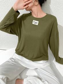 Mulvari Áo thun tay dài cổ tròn in chữ ngoại cỡ thường ngày dành cho nữ, Xuân Hè - màu xanh lá - Xem 3