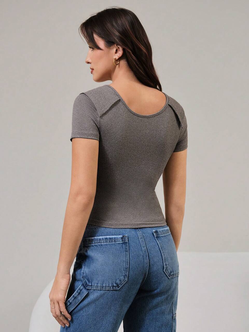 Scoop Neck Solid Color Pleated Short Sleeve T-Shirt With Design Sense For Summer