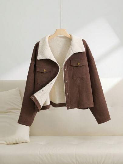 Truni Women's Plus Size Solid Color Front Button Flap Collar Pocket Jacket Winter Fall Autumn