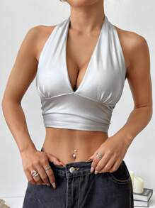 Muchica Camiseta de tirantes elástica con escote halter y espalda descubierta plisada de color liso - Plateado - Ver 5