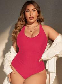 SHEIN Swim Curve Plus Size Solid Color Back Cross Cutout One-Piece Swimsuit, Casual Resort Wear Summer - Hot Pink - View 5