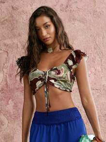 COSMINA Áo cánh tay bèo nhún in hình trái tim toàn thân cho nữ, dây rút - Nhiều màu - Xem 7