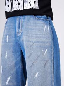 Manfinity Denimwave 男士复古水洗宽松牛仔裤，纯蓝色宽牛仔裤长款破洞牛仔裤，适合丈夫、男朋友的礼物 - 中等水洗藍 - 查看 5