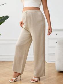 SHEIN 孕妇休闲通勤纯色抽绳腰宽松直筒裤 - 杏色 - 查看 4
