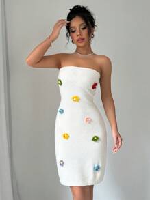 Chiquease Vestido tubo ajustado con flores 3D para mujer - Blanco - Ver 4