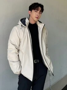 DAZY Men's Hooded Letter Print Padded Coat, Winter Jacket - Khaki - View 3