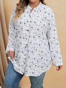 EMERY ROSE Plus Ditsy Floral Print Curved Hem Blouse - Black and White - View 4