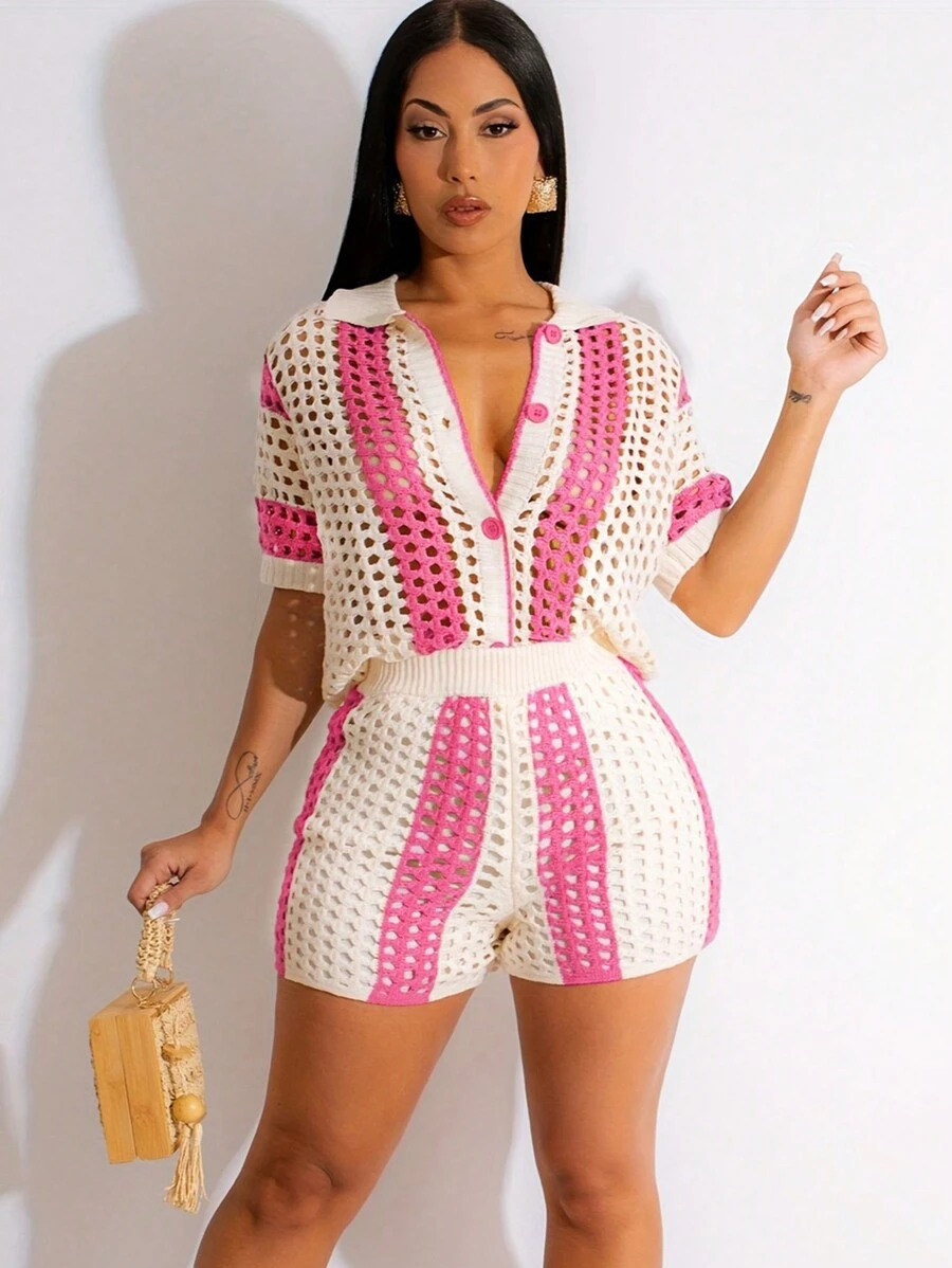 Women Contrast Color Hollow See-Through Lapel Single-Breasted Short Sleeve Top And Knit Shorts Set - Hot Pink - View 1