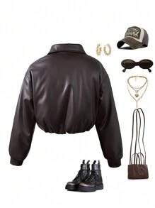 Tween Girls Spring/Autumn Solid Color Collared Bomber Jacket Short PU Coat