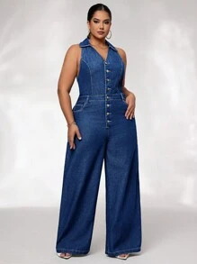 SHEIN SXY Plus Size V-Neck Sleeveless Single-Breasted Belted Pockets Straight Loose Casual Chic Denim Overall Jumpsuit