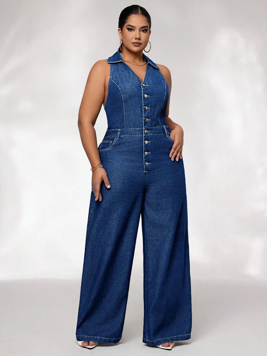 SHEIN SXY Plus Size V-Neck Sleeveless Single-Breasted Belted Pockets Straight Loose Casual Chic Denim Overall Jumpsuit