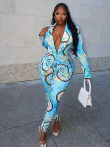Slaydiva Traje de chaqueta y pantalón de mujer de estilo elegante y casual de temporada otoñal, con chaqueta de solapa de manga larga y pantalón corte slim con estampado barroco azul en toda la Bottom.