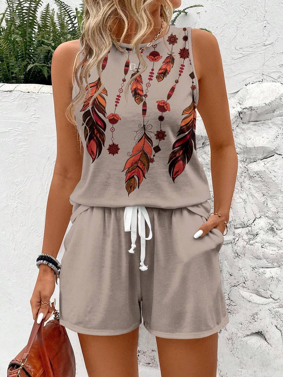 SHEIN LUNE 2 件套女士羽毛印花背心和纯色短裤套装，夏季