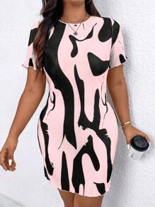 Flirla Plus Size Crew Neck Pleated Print Dress - Multicolor - View 1