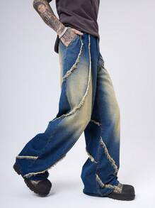 Manfinity Denimwave Men's Dark Vintage Washed Asymmetrical Hem Patch Embellished Wide Leg Baggy Jeans