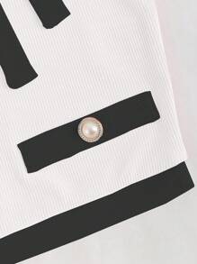 Sweetra Women Contrast Color Button Decor Lace-Up Round Neck Casual Short Sleeve T-Shirt Graphic Tees Women Tops - White - View 3