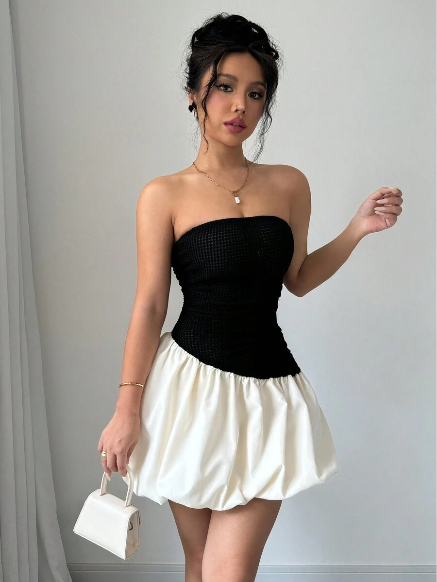 Selianne Abito corto elegante estivo con contrasto di colori, senza spalline, con peplum e vita bassa - nero - Visualizzare 1