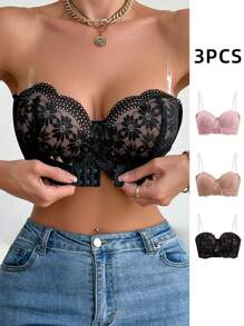 3pcs/Set Women Lace With Wire Padded Bandeau Bras - Multicolor - View 1