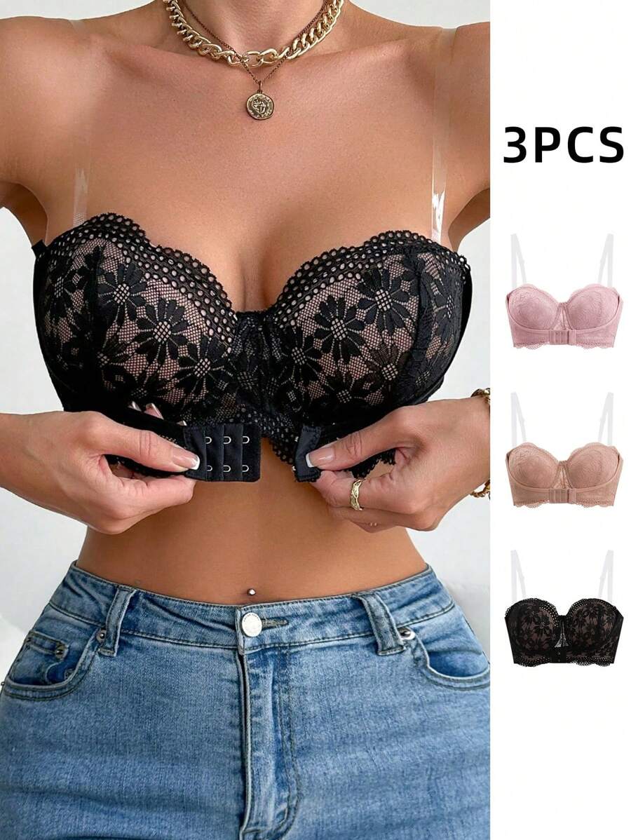 3pcs/Set Women Lace With Wire Padded Bandeau Bras - Multicolor - View 1